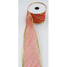 2.5 Inch Wired Christmas Ribbon with Gold Metallic Diagonal Strip on Red Organga, 2-1/2 In. X 10 Yds (Lot of 1 Spool) SALE ITEM
